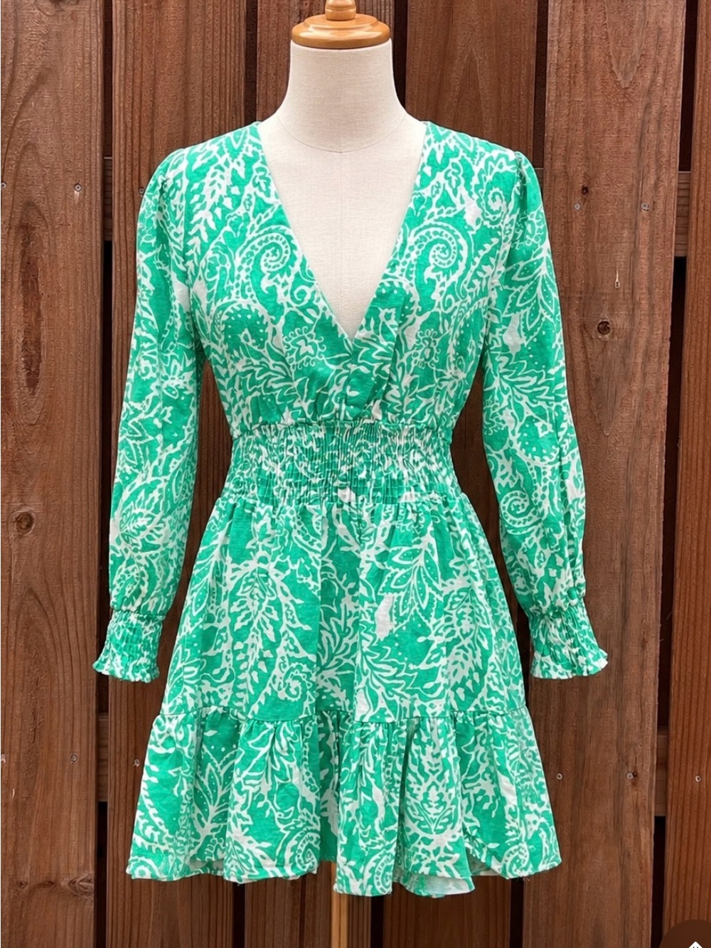 Zara Green Paisley V-Neck Smocked Linen blend Mini Dress